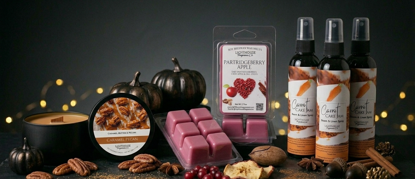 Collection of scented products including candles, wax melts, and diffusers on a dark surface with pumpkins and spices.