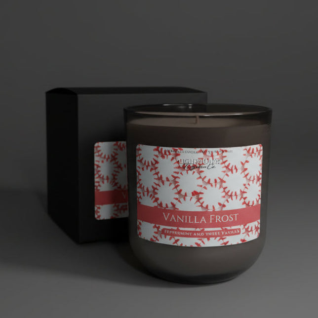Vanilla Frost candle on a grey  background