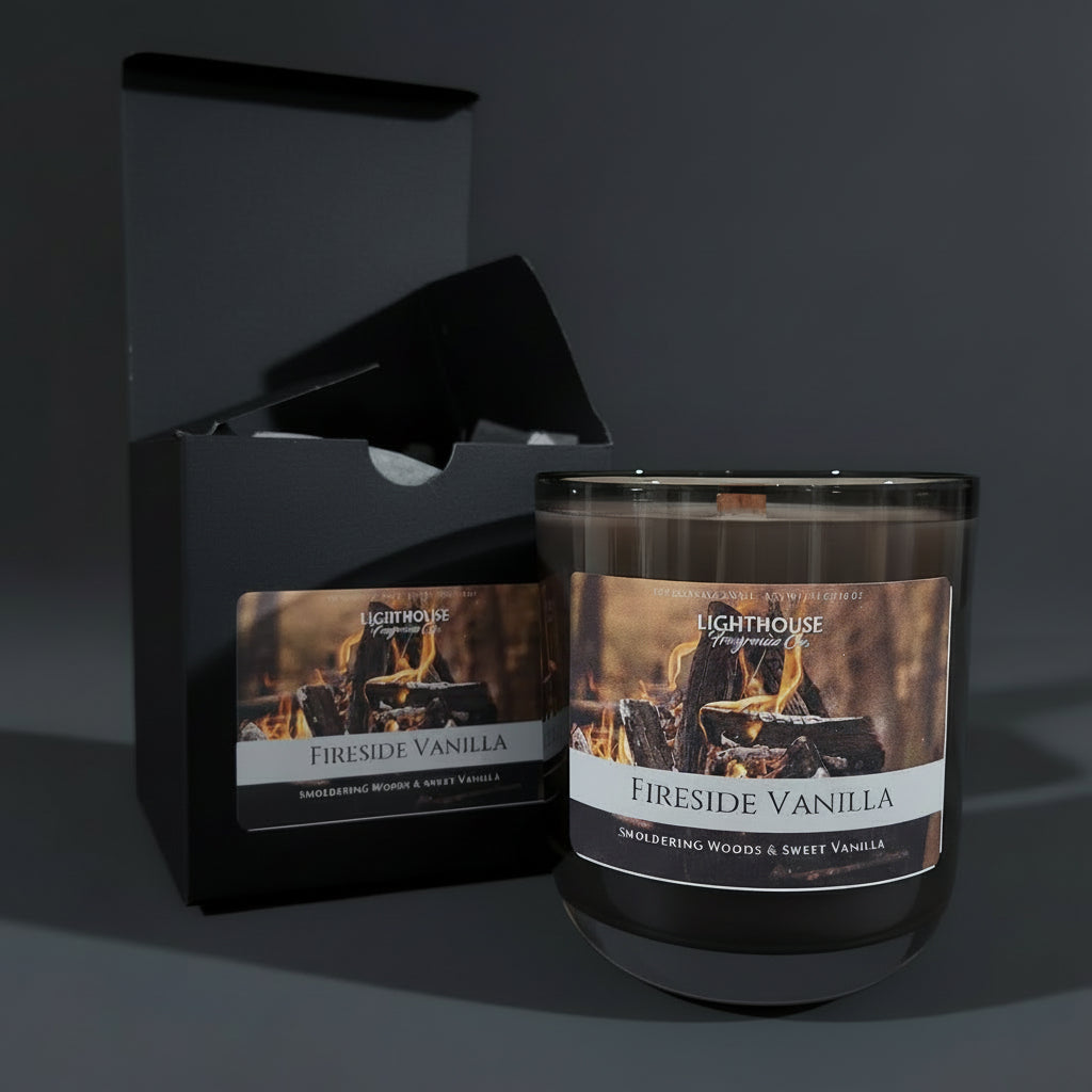 Candle with 'Fireside Vanilla' label on a gray background