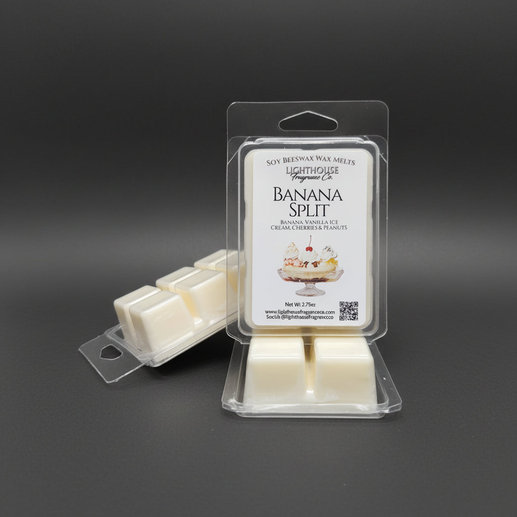Banana Split scented wax melts in packaging on a gray surface made by Lighthouse Fragrance Company in Newfoundland Canada