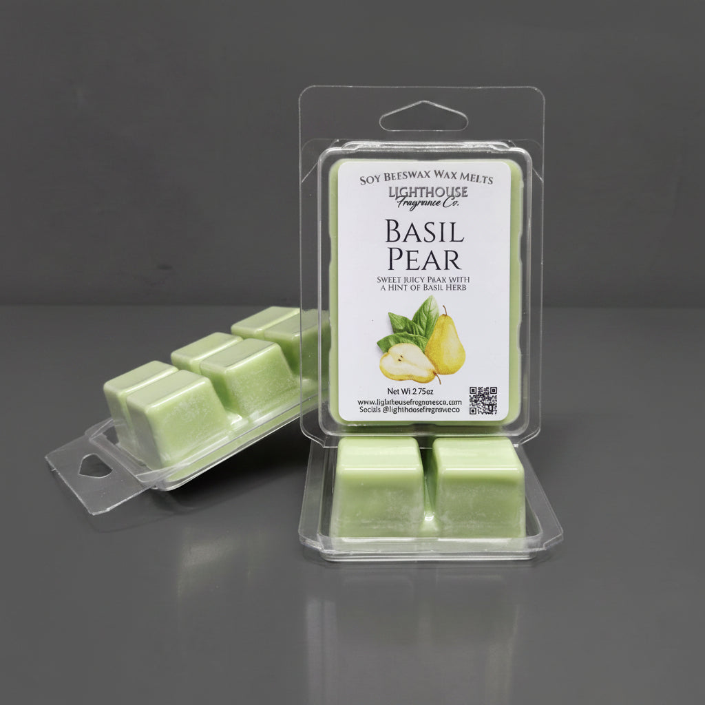 Basil Pear wax melts packaging on a gray surface
