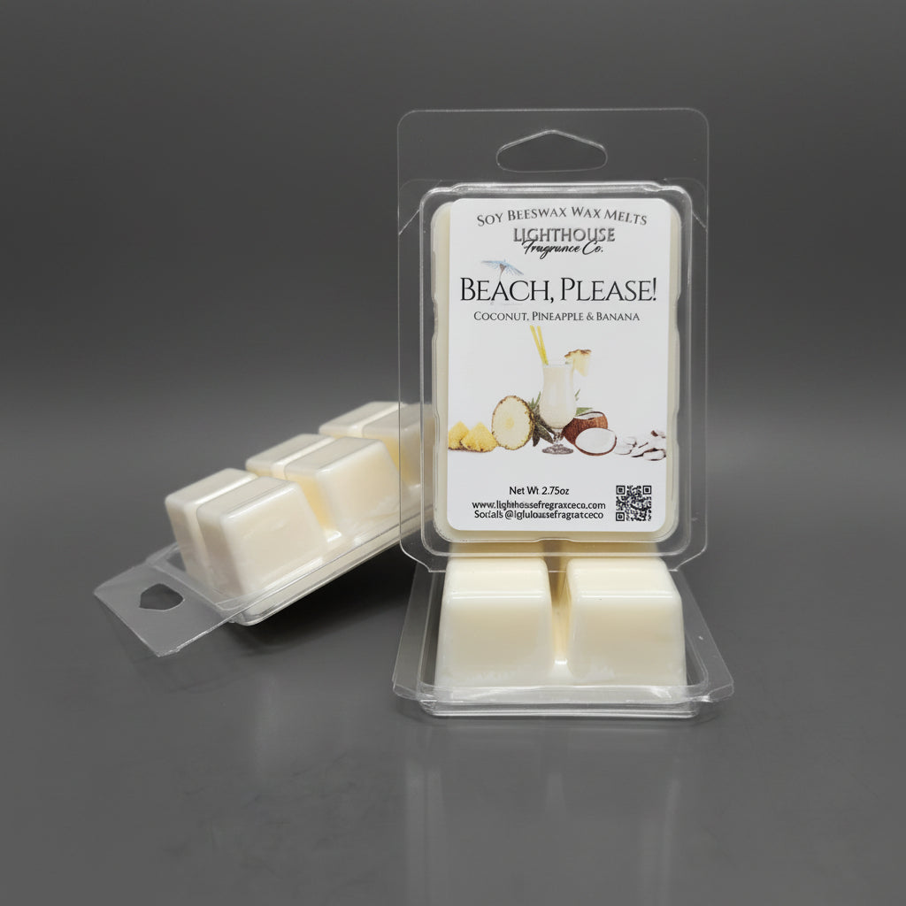 Packaged wax melts with a label on a gray surface called Beach Please Made by Lighthouse Fragrance Company in Newfoundland Canada