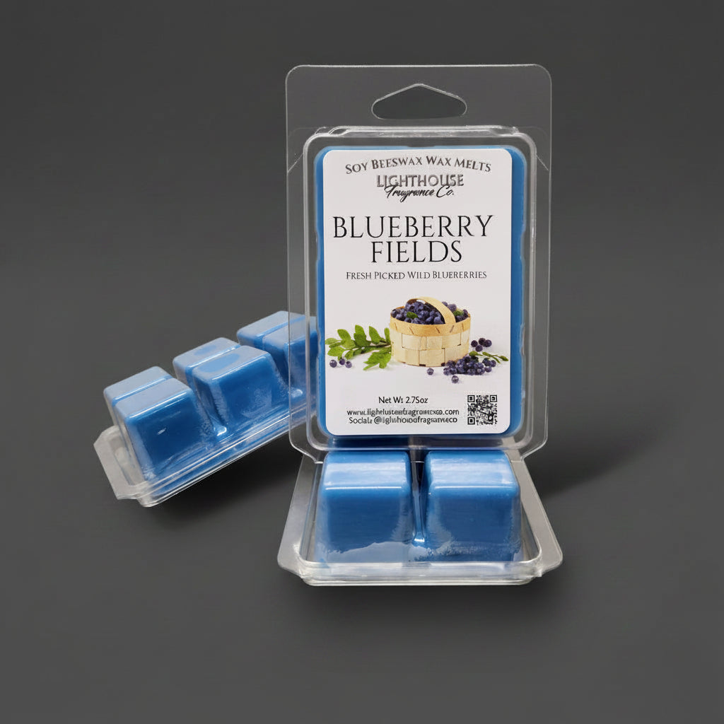 Pack of Blueberry Fields wax melts with packaging on a gray surface