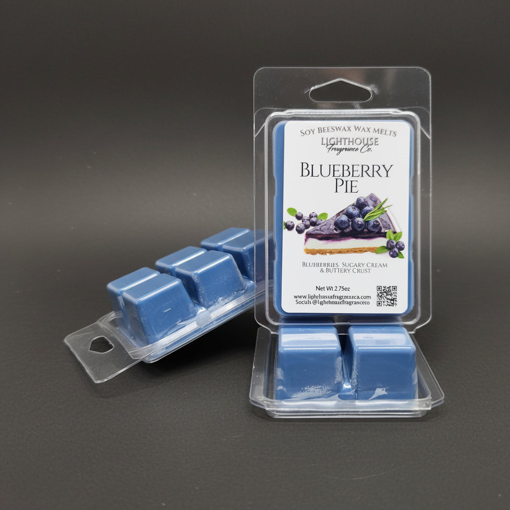 Blueberry pie wax melts in packaging on a gray surface made of soy and Canadian beeswax