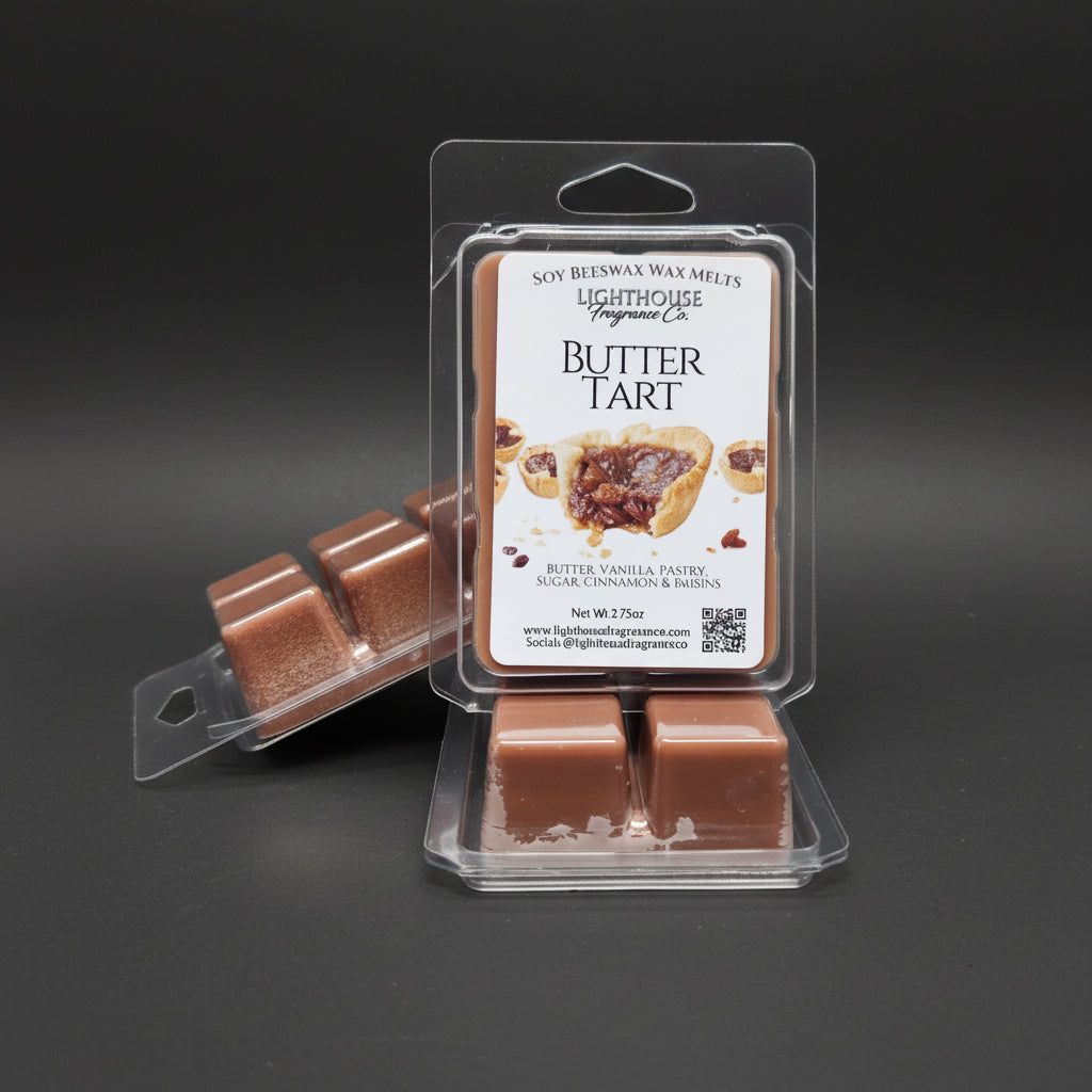 Butter tart wax melt package on a gray surface
