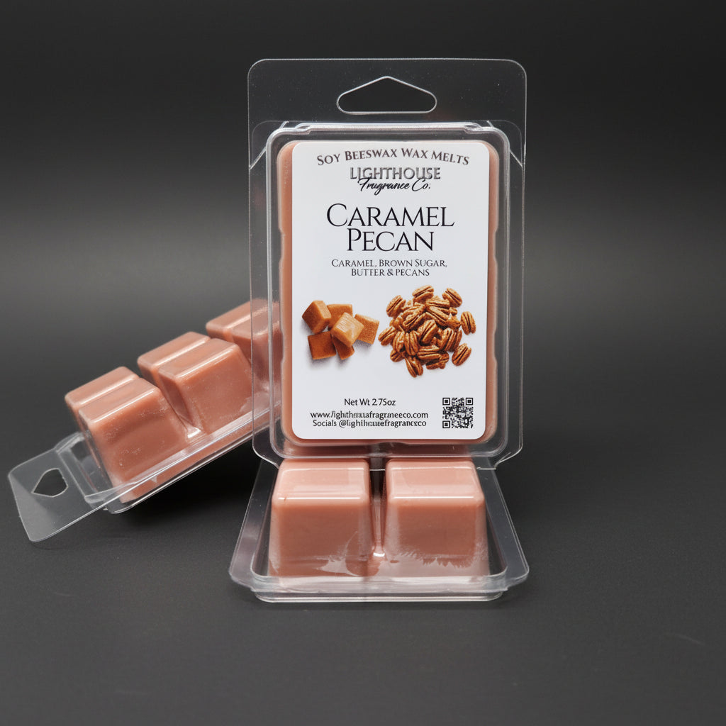Caramel pecan wax melts packaging on a gray surface