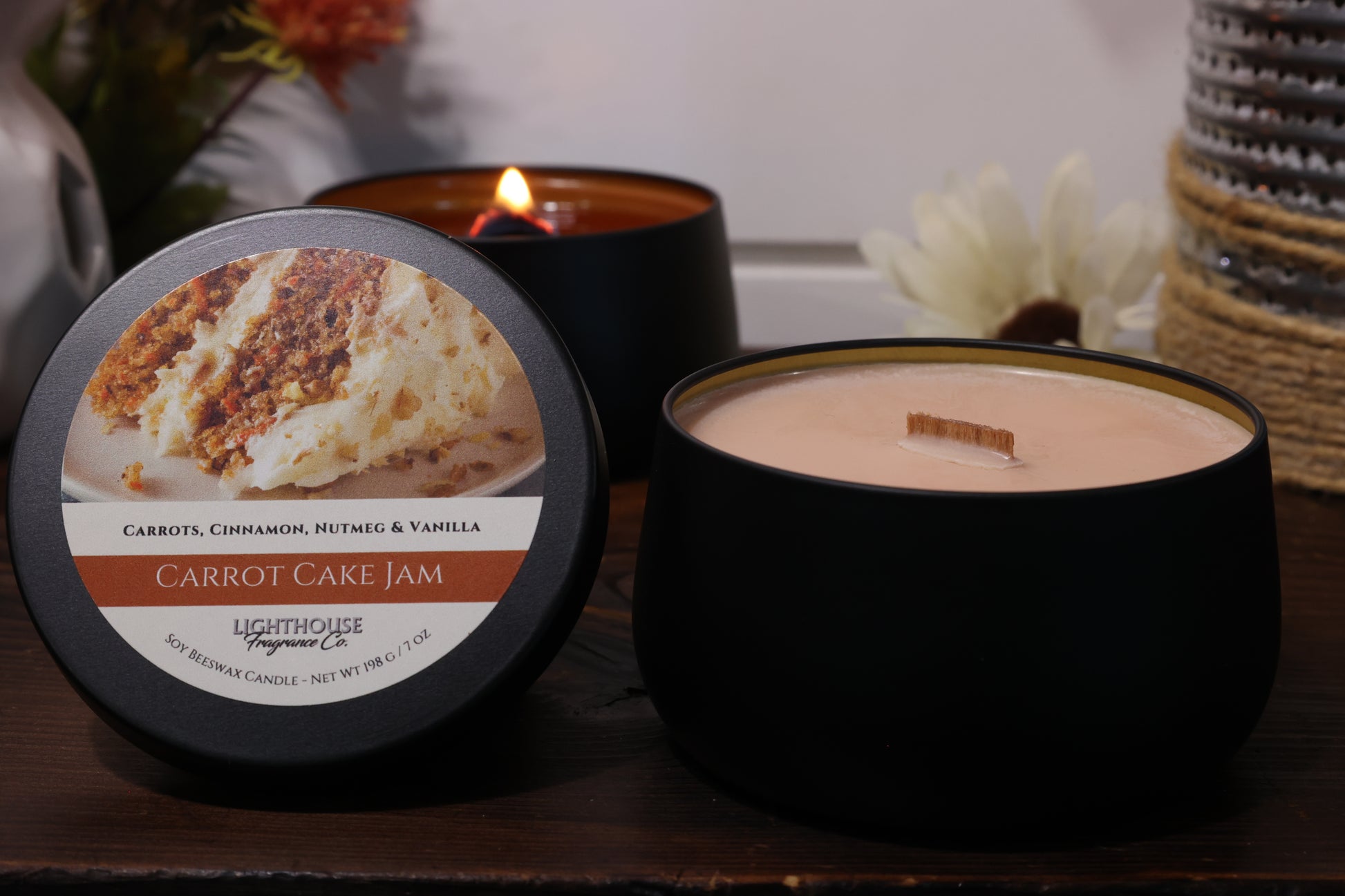 Candle tin on a wooden table