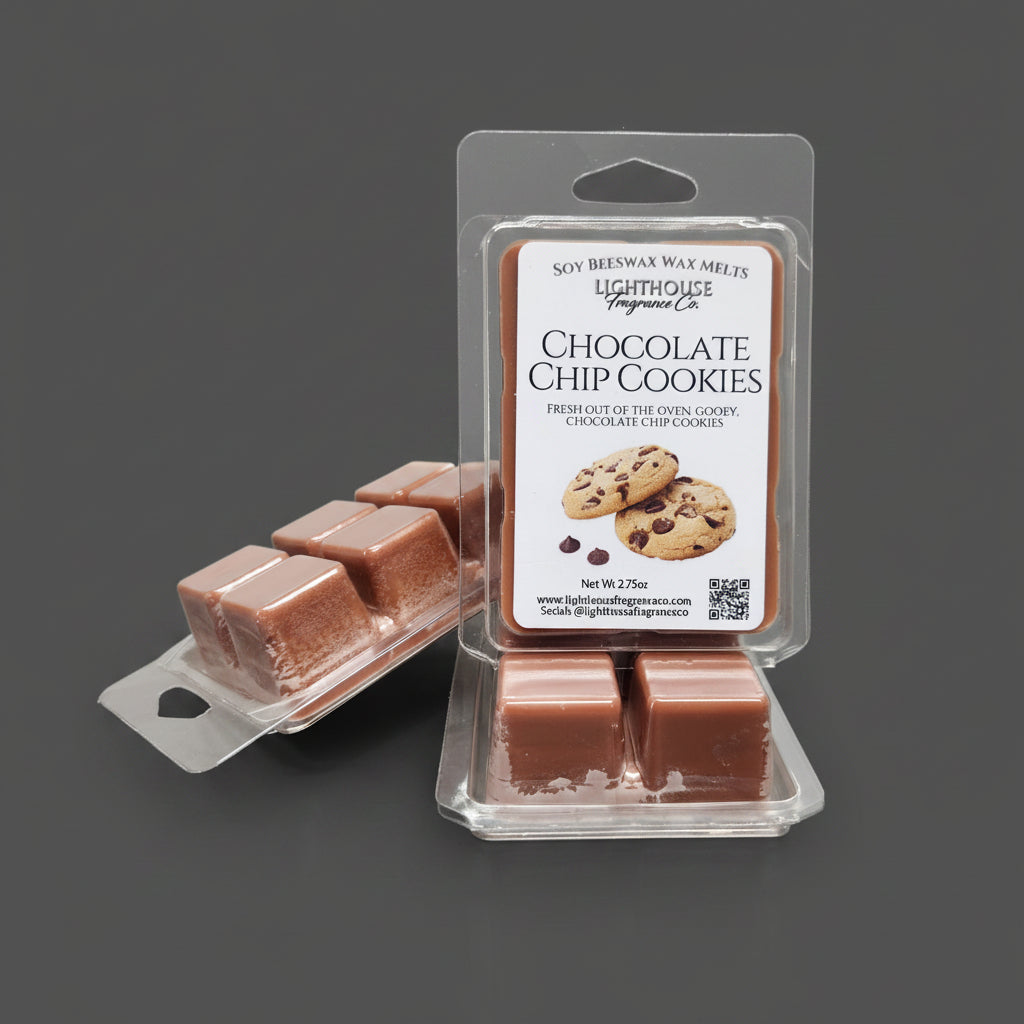 Packaged chocolate chip cookie-scented wax melts on a gray surface