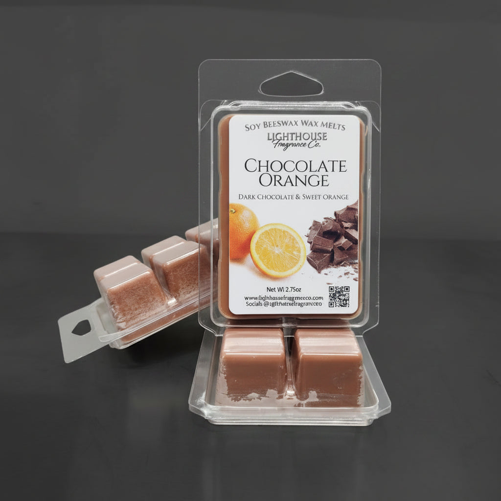 Packaged chocolate orange scented wax melts on a dark gray surface