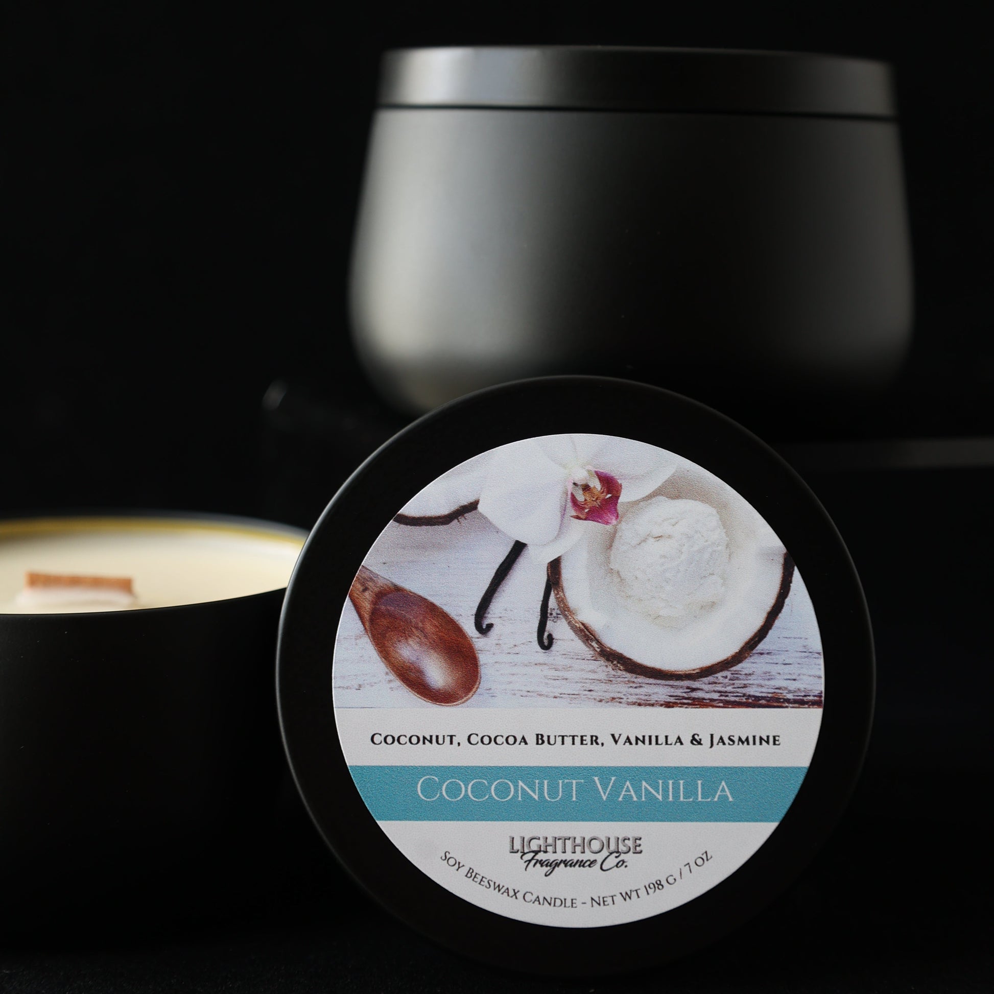 Coconut vanilla candle  with a label on a dark background