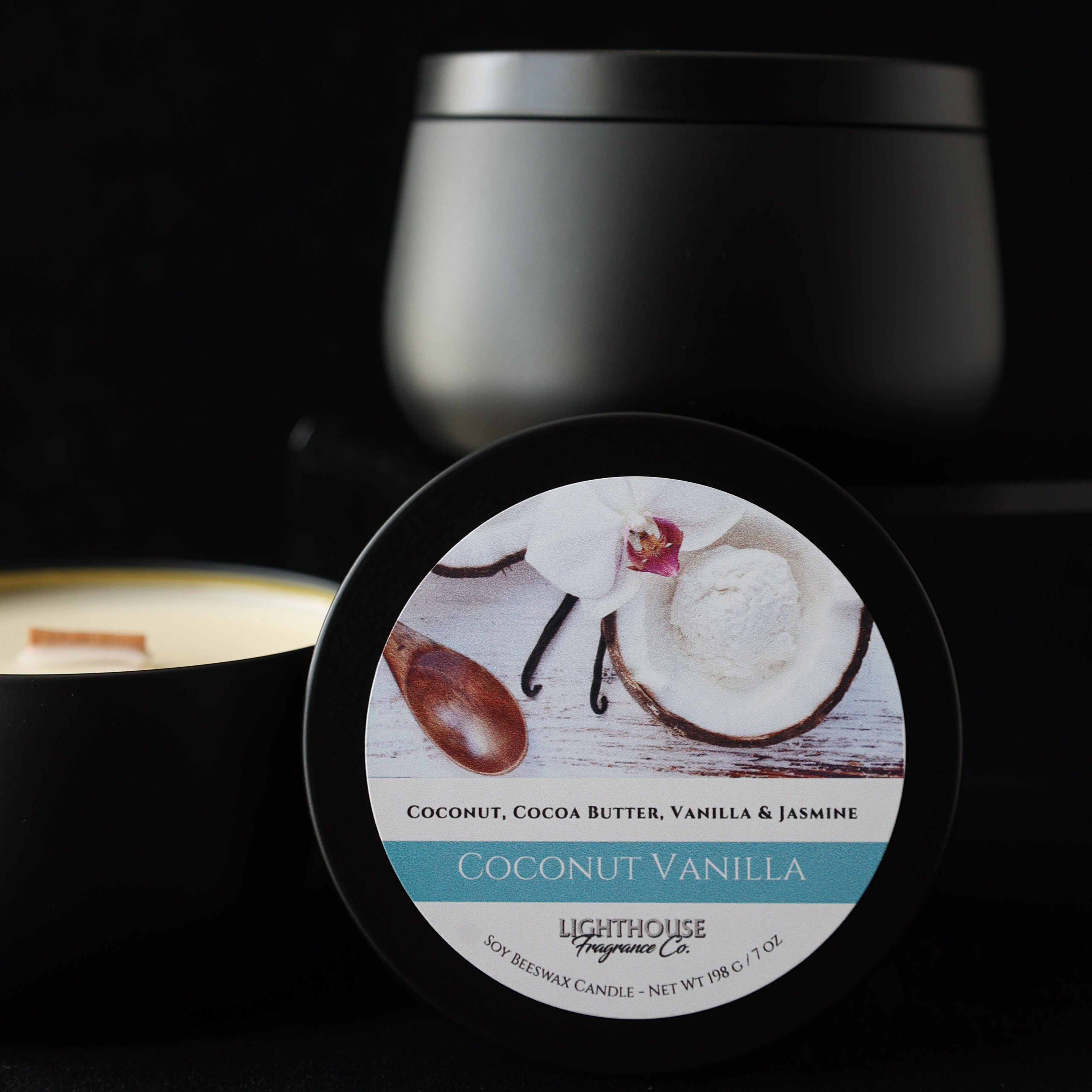 Coconut vanilla candle  with a label on a dark background
