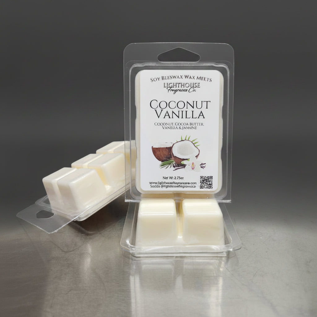 Coconut vanilla wax melts in packaging on a gray surface made by Lighthouse Fragrance Company - Made in Newfoundland