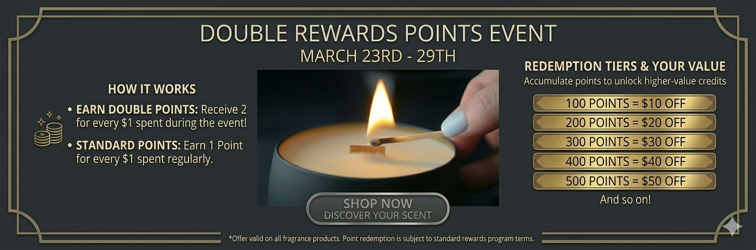 Promotional banner for a double rewards points event with a candle and hand holding it.