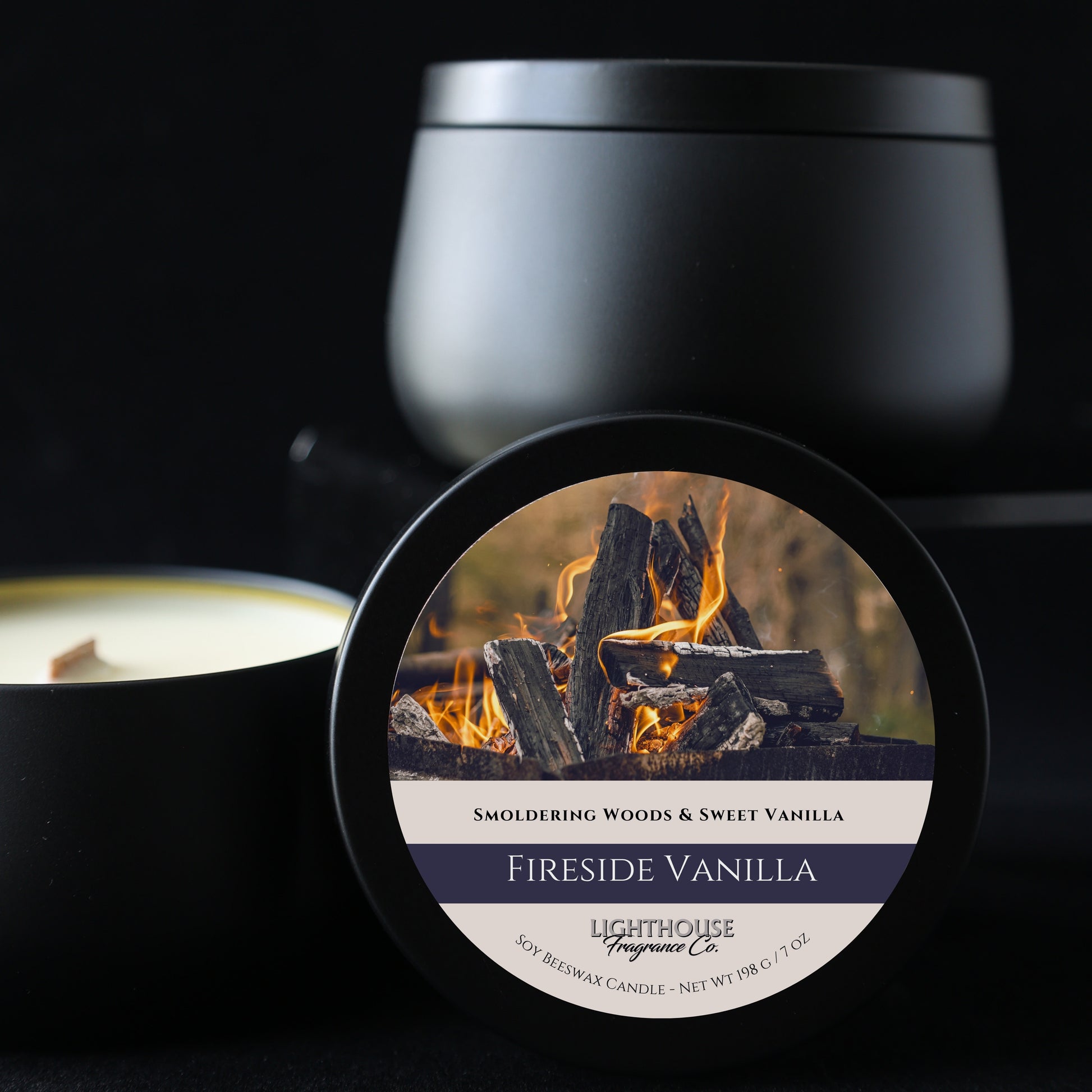 Fireside Vanilla candle with label featuring a fireplace design on a dark background