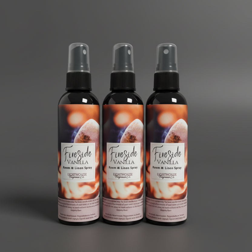 Three bottles of FiveSided Vanilla Room & Linen Spray on a wooden surface.