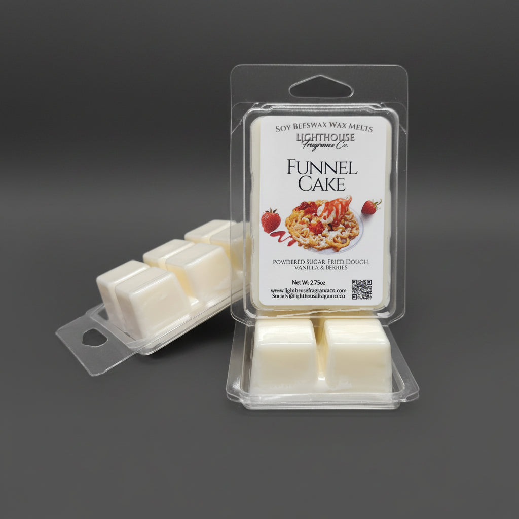 Packaged funnel cake-scented wax melts on a gray surface