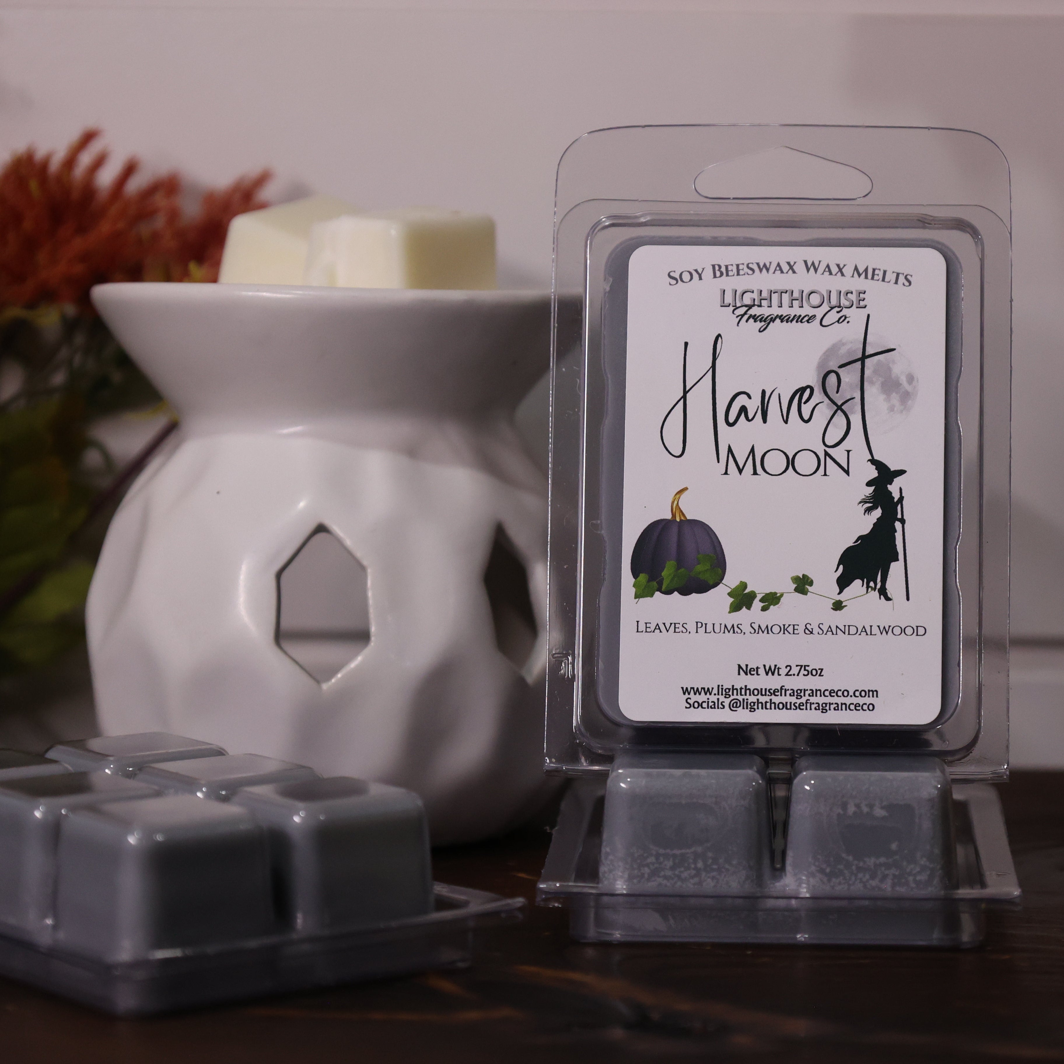 Soy wax melts packaging with a white wax warmer and decorative elements on a table.
