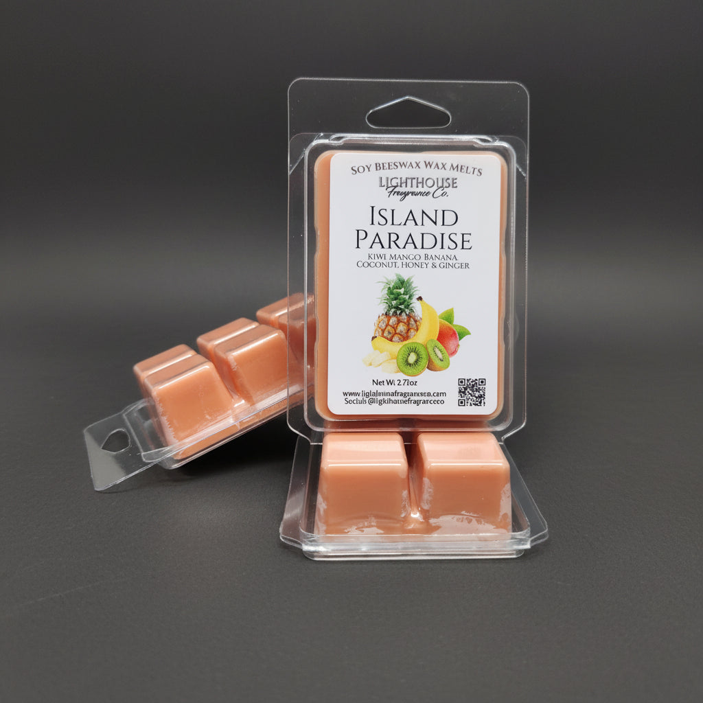 Wax melts in packaging labeled 'Island Paradise' on a gray surface
