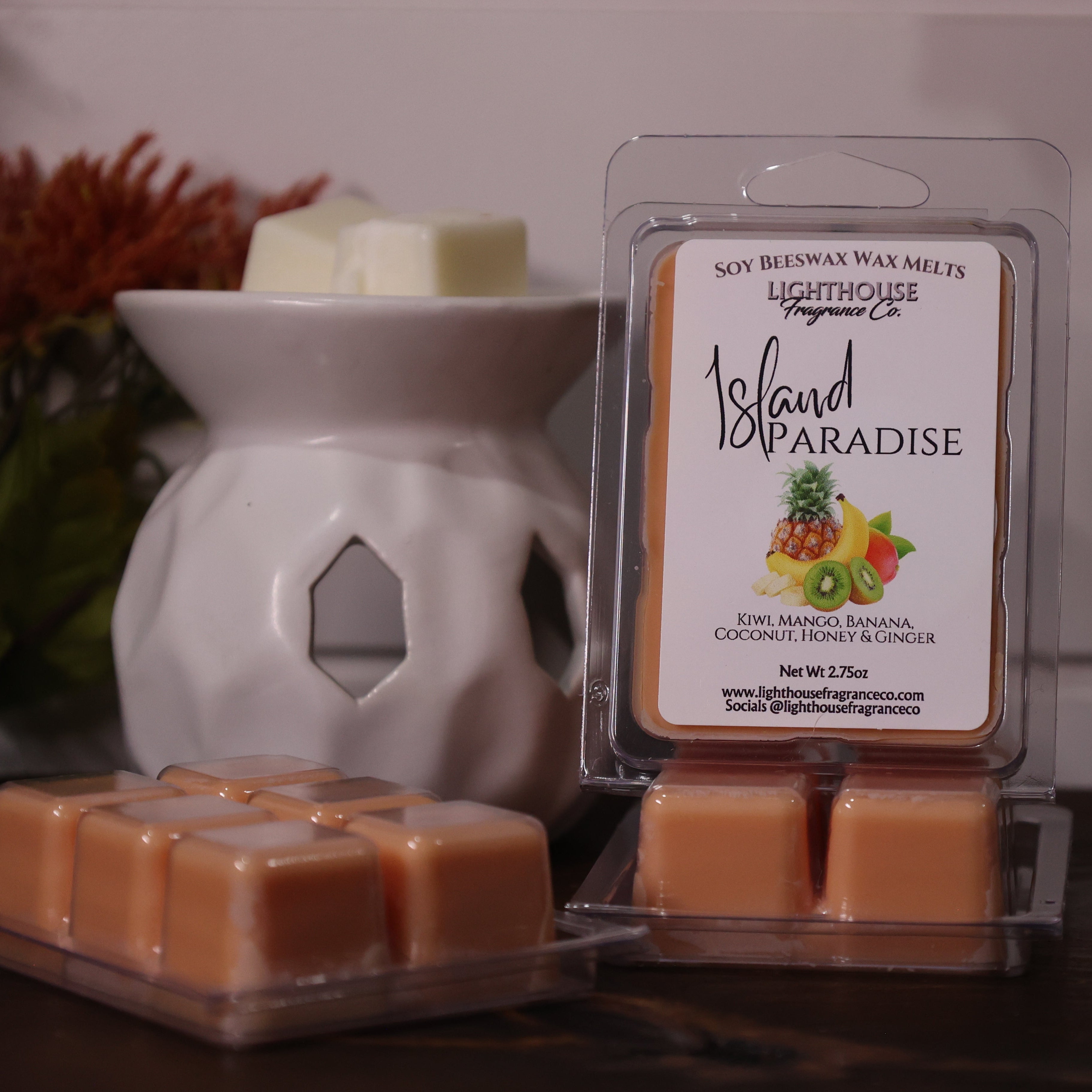 Packaged wax melts labeled 'Island Paradise' with a wax warmer on a wooden surface.