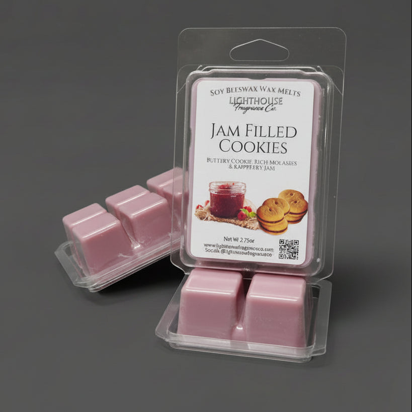 Pack of wax melts labeled 'Jam Filled Cookies' by  Wax Melts on a gray surface.