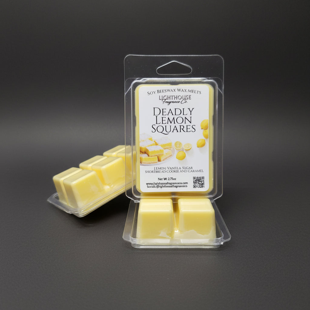 Packaged yellow wax melts with 'Deadly Lemon Squares' label on a gray surface - Newfoundland made and Newfoundland Inspired
