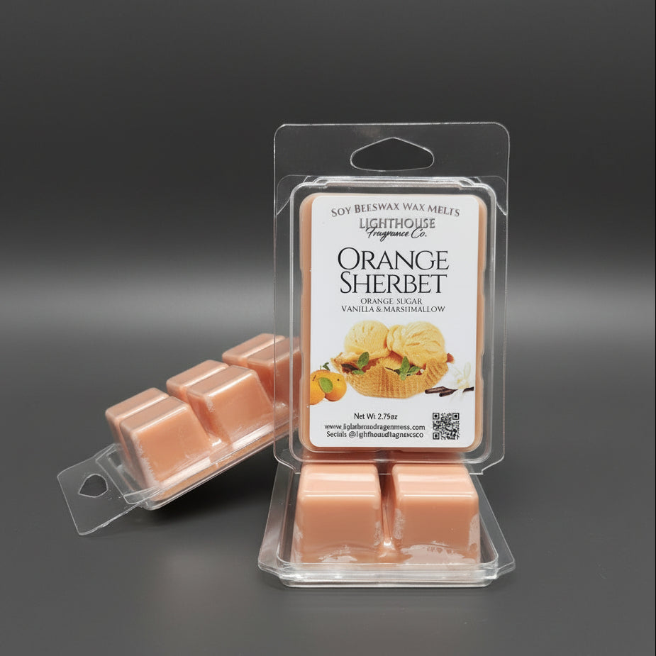Packaged orange sherbet wax melts on a gray surface made in Atlantic Canada in small batches