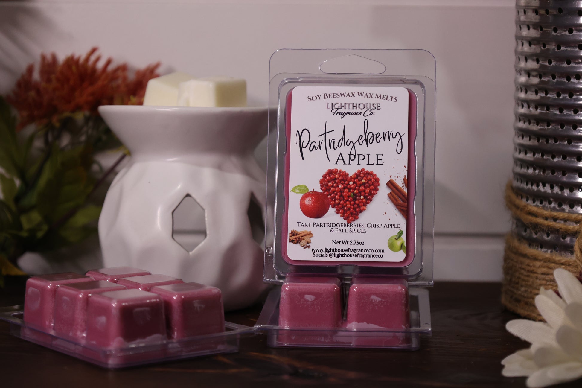 Partridgeberry Apple wax melts with a  white wax warmer.