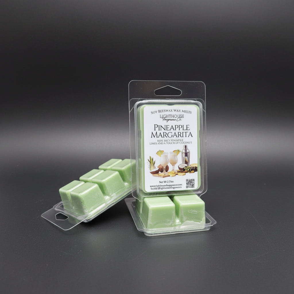 Packaged pineapple margarita wax melts on a gray surface