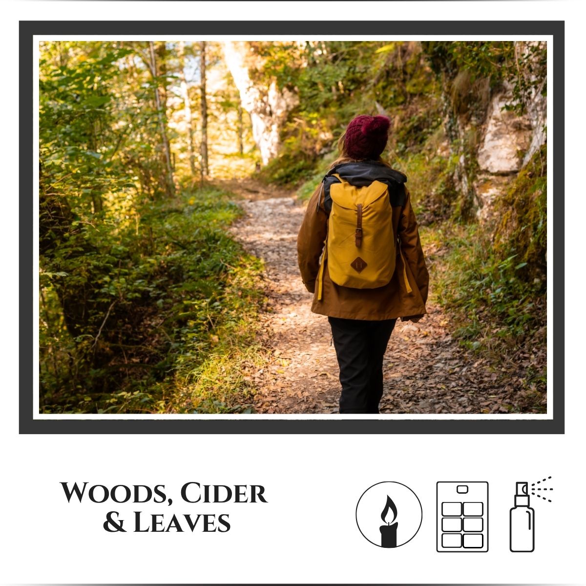 product card showing someone walking on a forest trail and scent notes