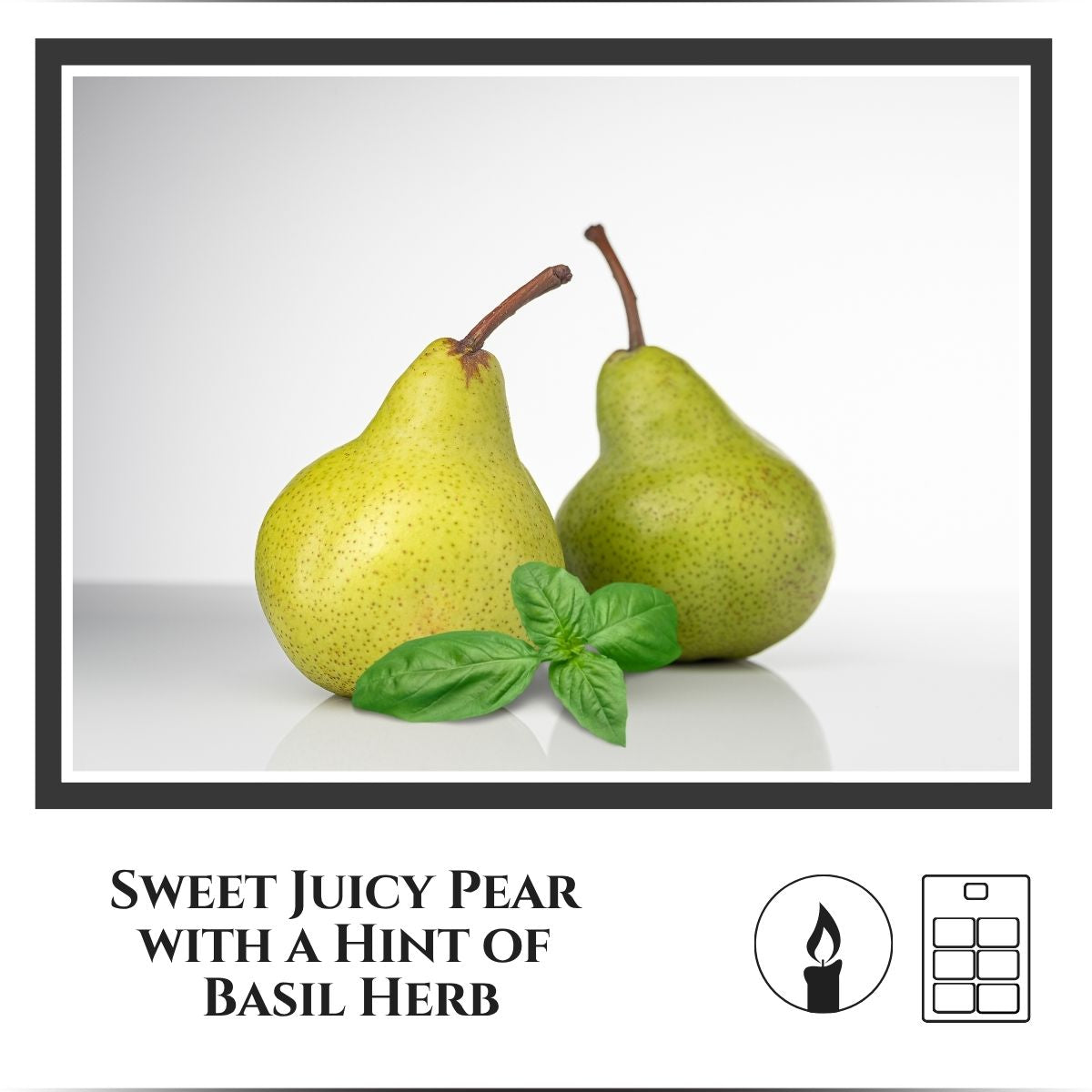 card showing a picture of pears and basil, with the scent notes and product formats - candles and wax melts