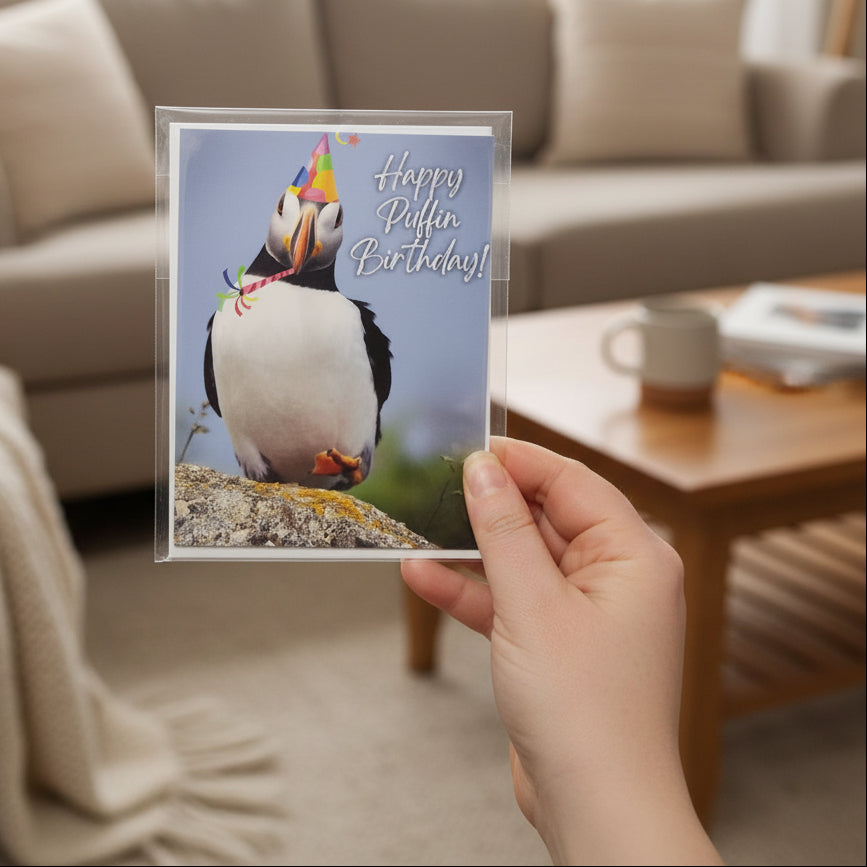 Hand holding a birthday card with a puffin design against a living room background.  Card says Happy Puffin Birthday