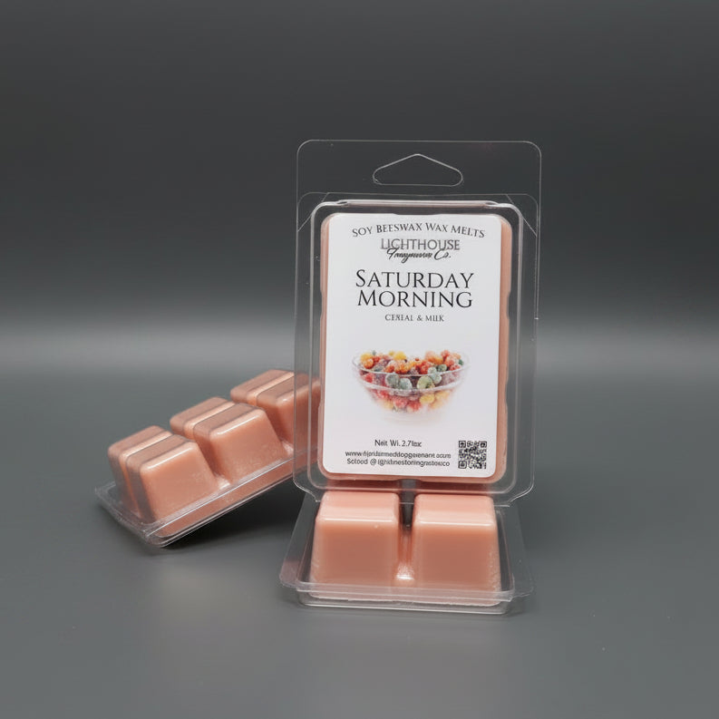 Packaged wax melts with a 'Saturday Morning' label on a gray surface