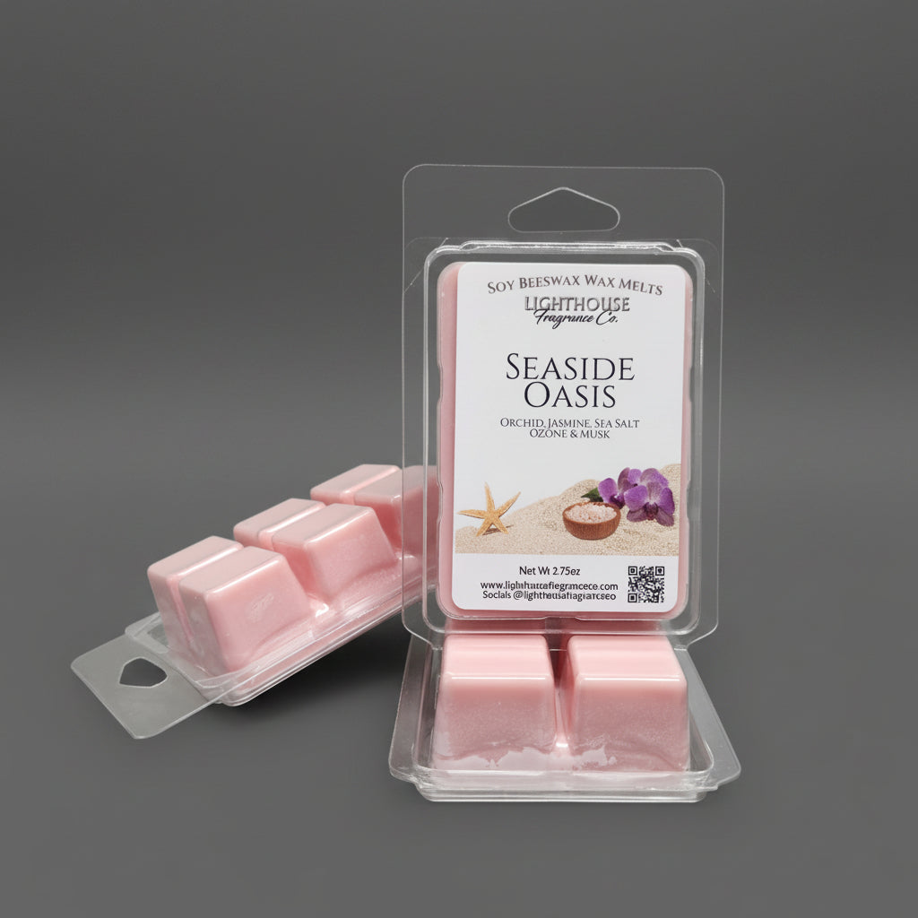Packaged pink wax melts with 'Seaside Oasis' label on a gray background made by Lighthouse Fragrance Company - Made In Newfoundland