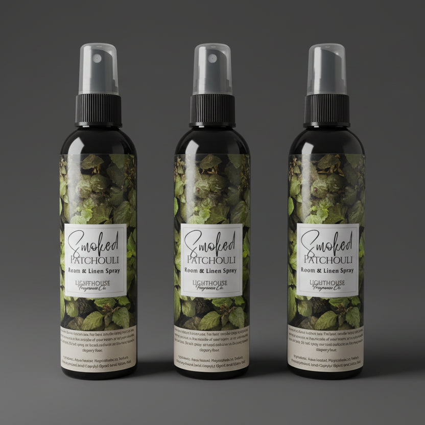 bottle of room spray with a dark grey background