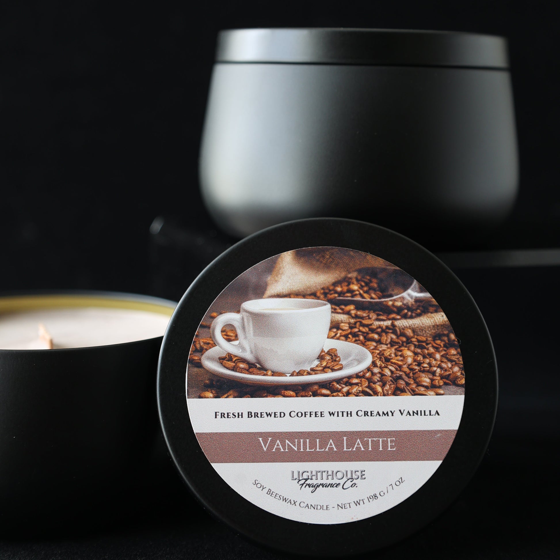 Vanilla Latte Candle tin against a black background