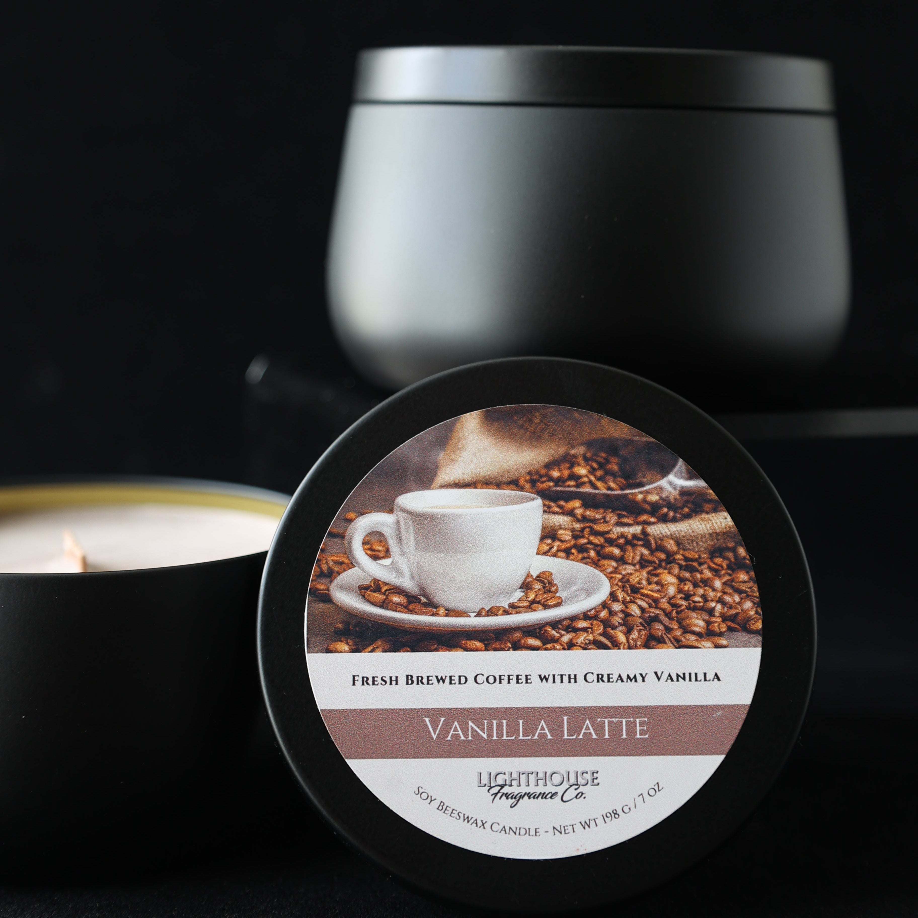 Vanilla Latte Candle tin against a black background