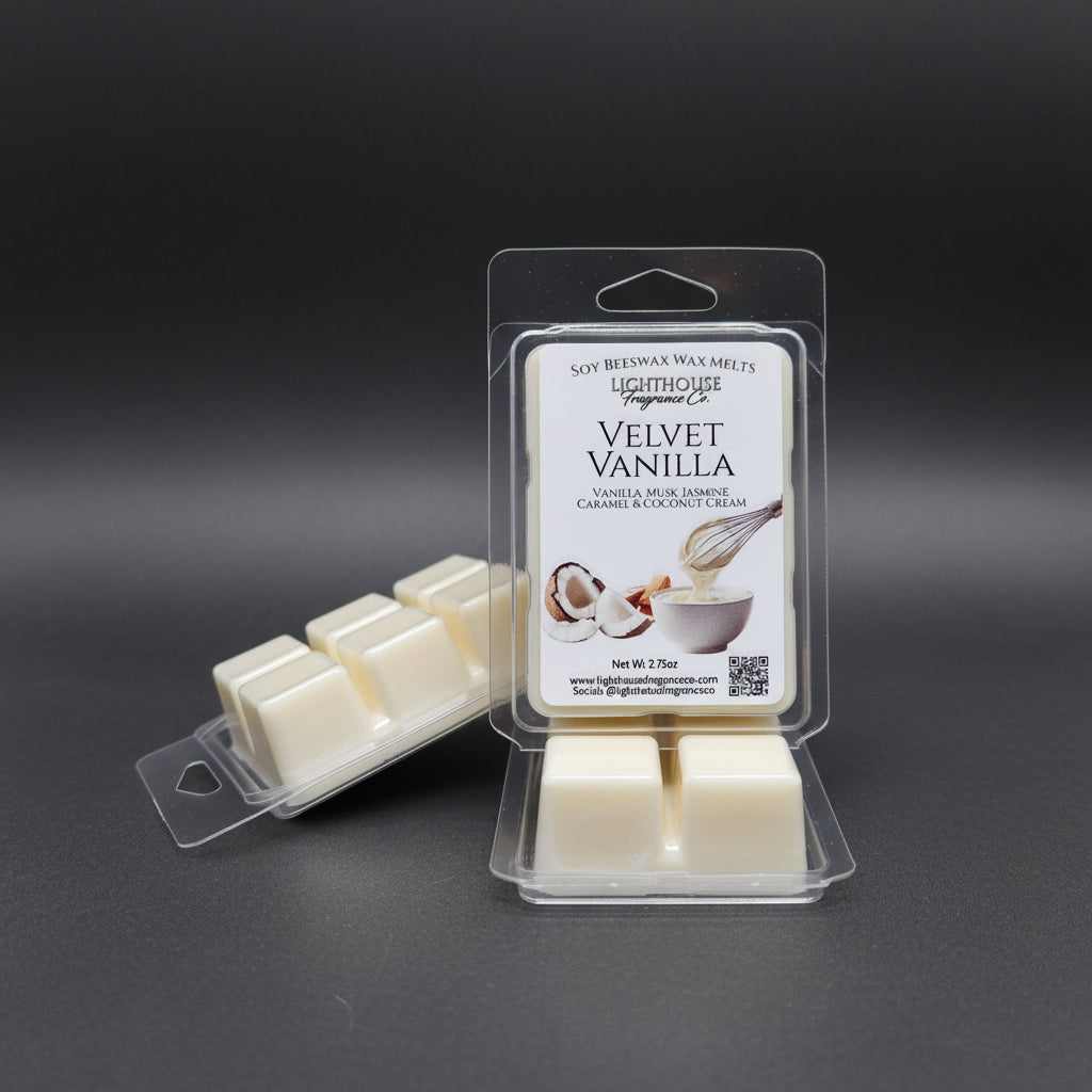 Velvet Vanilla wax melts in clear packaging on a gray surface