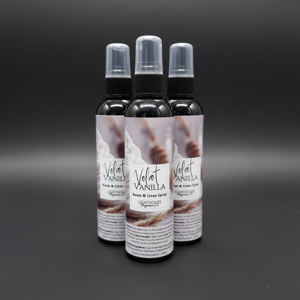 Three bottles of Velvet Vanilla room and linen spray on a gray background