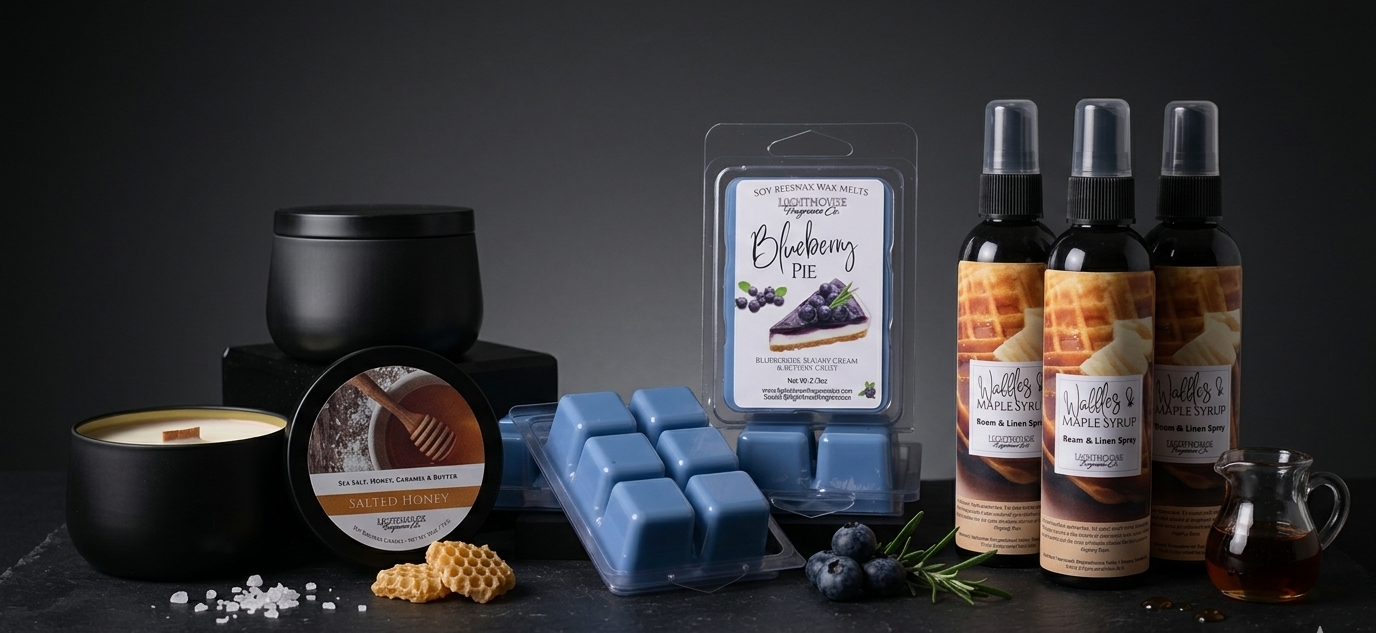 Collection of candles, wax melts, and bottles on a dark surface with a black background