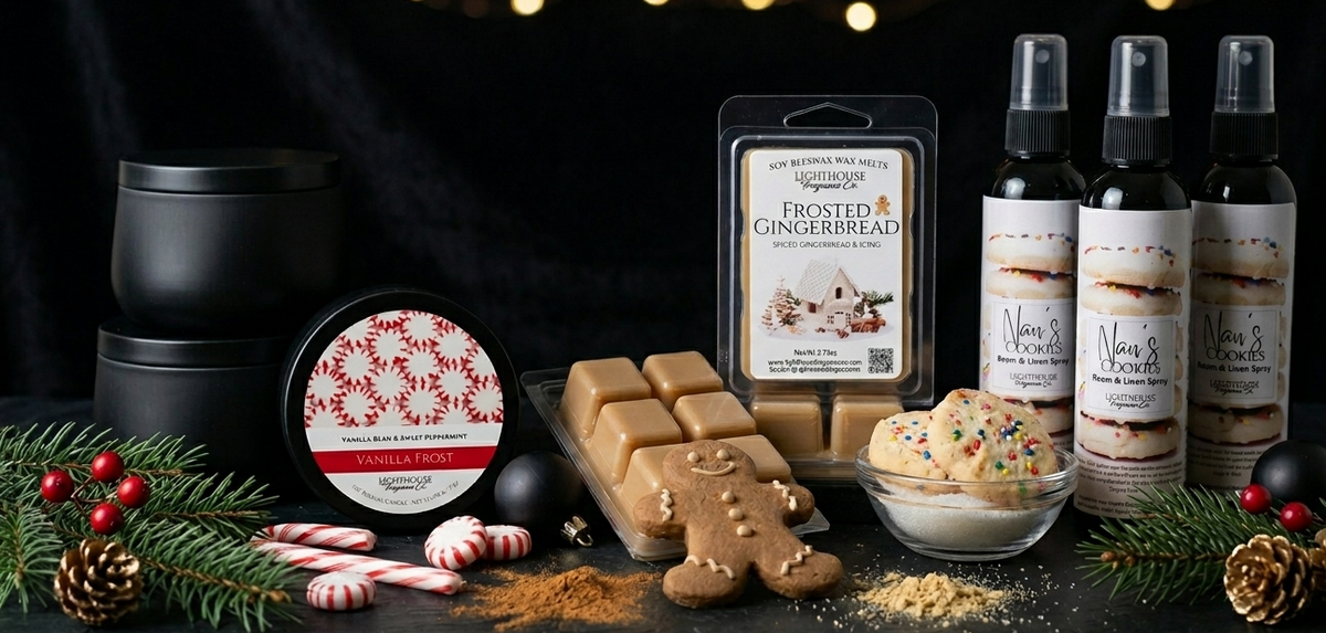 Holiday-themed products including cookies, a candle, and bottles on a dark surface with decorative lights in the background.