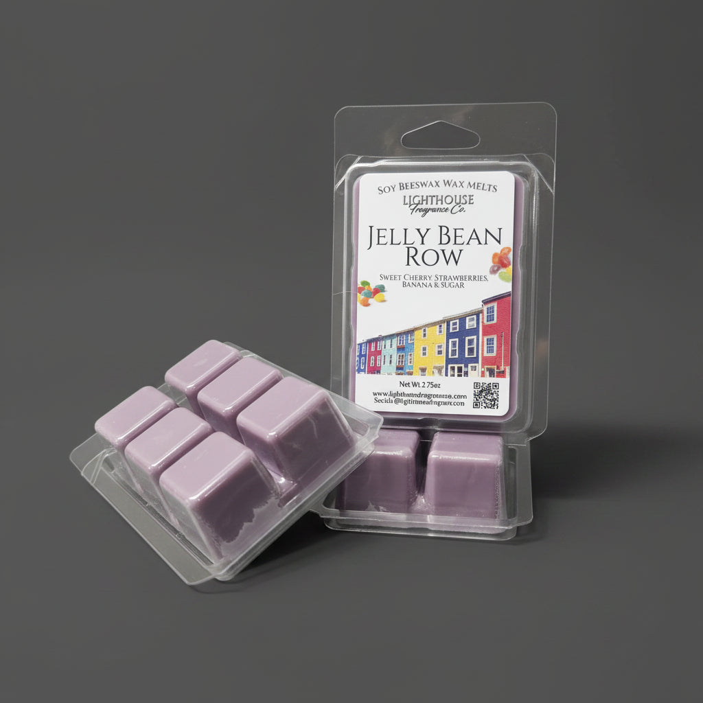 Packages Jelly Bean Row wax melts, on a dark gray background
